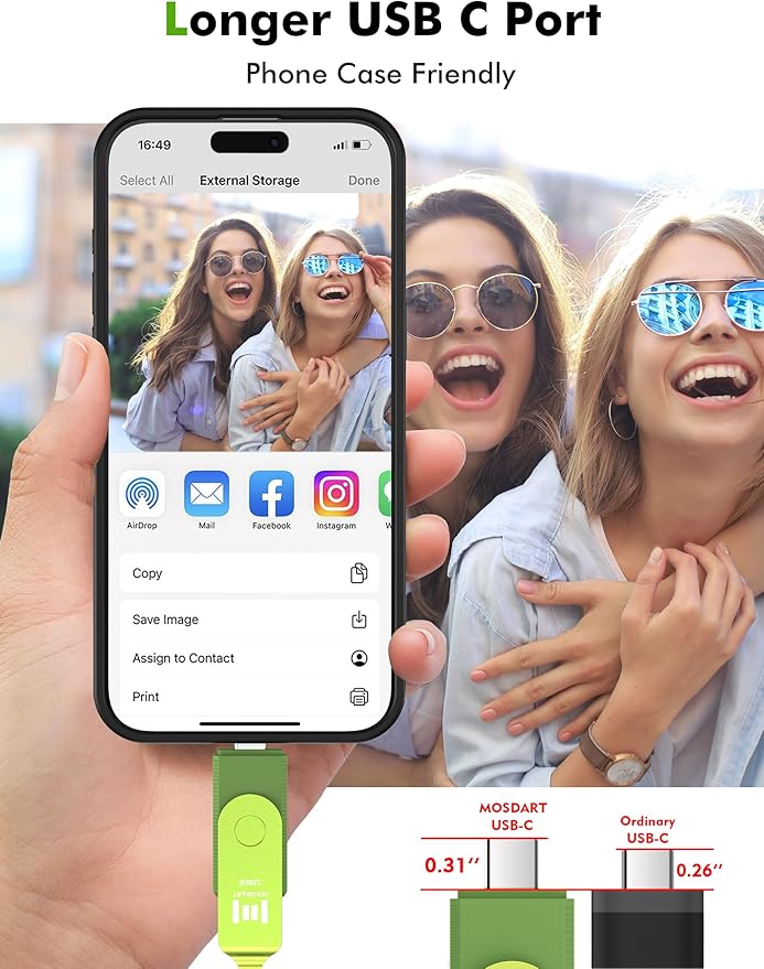 MOSDART 128GB USB C 3.2 Fast Speed C and A Dual Flash Drive, exFAT Memory Stick with Keychain and LED Indicator, for iPhone 15,16, 17, Android Phone, iPad, MacBook, and Other Laptops, Green