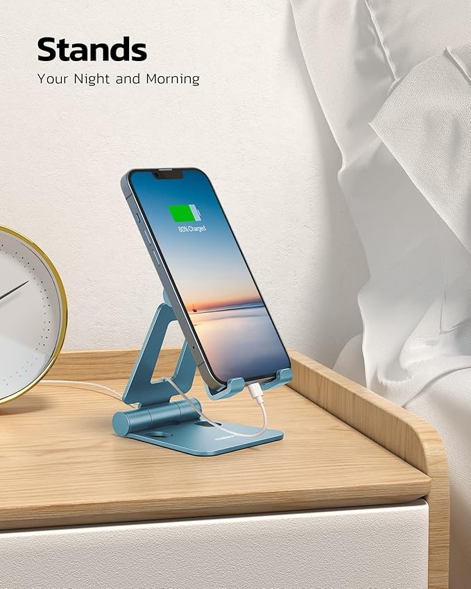 Nulaxy Dual Folding Cell Phone Stand, Fully Adjustable Foldable Desktop Phone Holder Cradle Dock Compatible with iPhone 17 16 15 14 13 12 11 Pro Max Xs Xr X 8, Nintendo Switch, All Phones - Blue