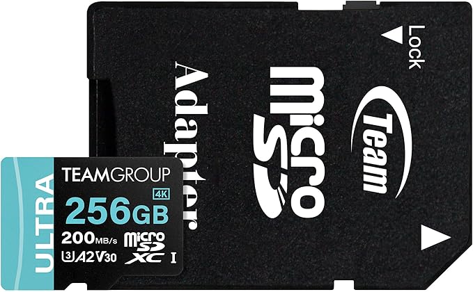 TEAMGROUP A2 Ultra Card 256GB MicroSDXC UHS-I U3 A2 V30, R/W up to 200/150MB/s for Nintendo-Switch1, Steam Deck, Gaming Devices, Tablets, Smartphones, 4K Shooting, with Adapter TULMSDX256GIA2V3022503