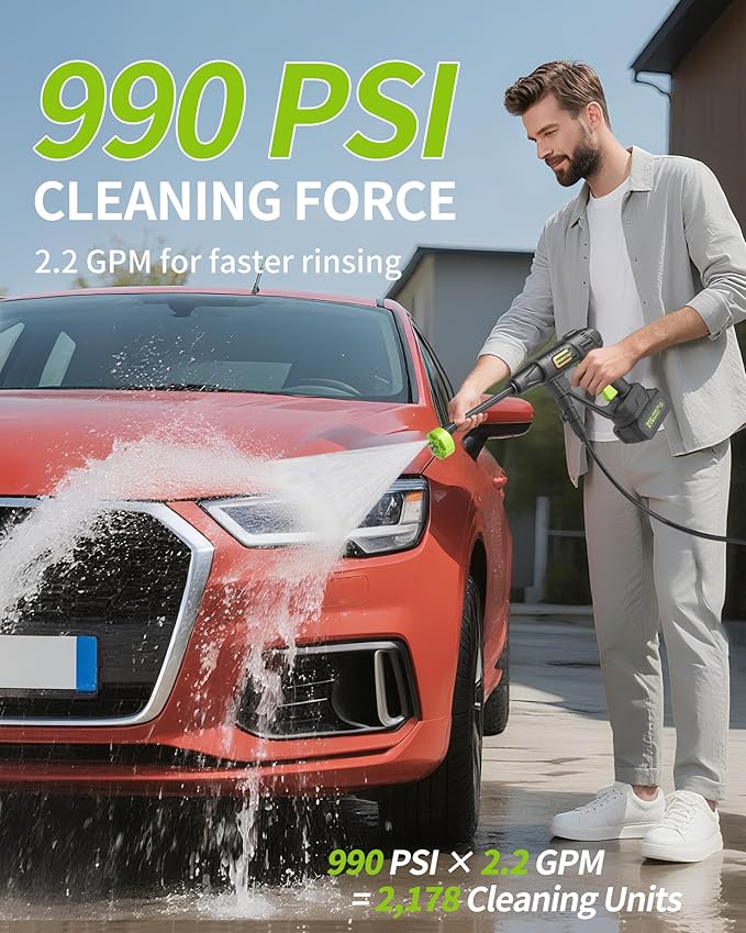Cordless Pressure Washer Battery Powered; 990PSI Cordless Power Washer with 6-in-1 Nozzle, 23FT High-Elastic Hose, 21V Battery&Charger; Portable Handheld Pressure Washer Cleaner for Home (DH02-22)