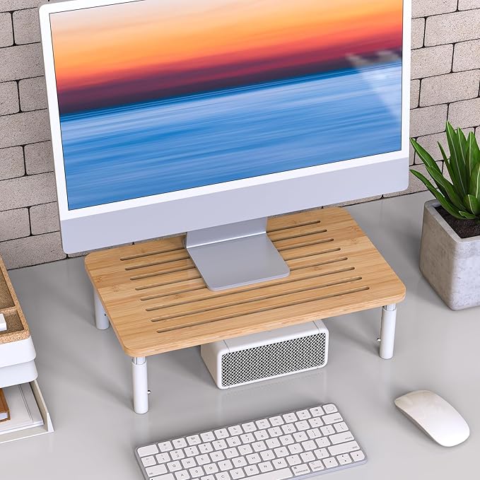 WELL WENG Bamboo Monitor Stand Riser, 4 Adjustable Height, Laptop Stand with Airflow Vents, Desk Organizer for Computer, PC, Printer (Natural)