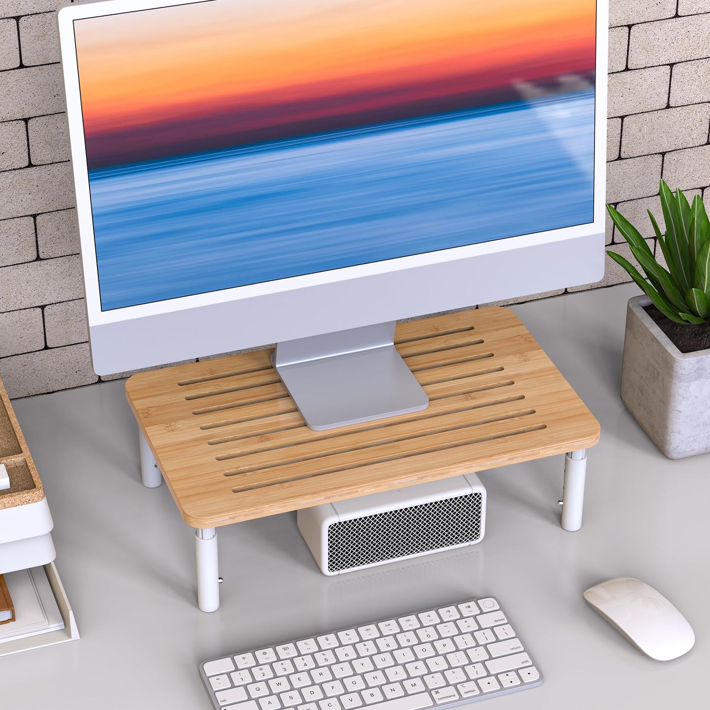 WELL WENG Bamboo Monitor Stand Riser, 4 Adjustable Height, Laptop Stand with Airflow Vents, Desk Organizer for Computer, PC, Printer (Natural)