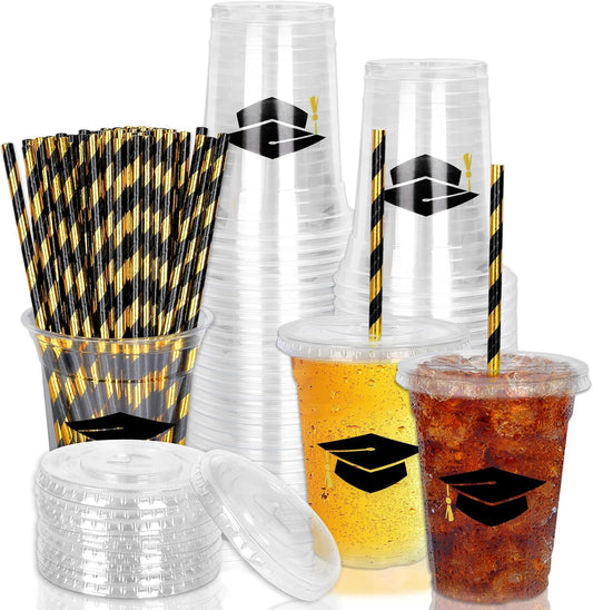 Whaline 50Pcs 12Oz Graduation Cups - Black Graduation Cap Design with Lids & Straws for Party Supplies