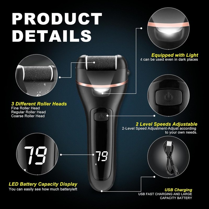 Electric Foot Callus Remover - 3 Roller Heads, 2 Speed Rechargeable | Waterproof Pedicure Tool for Hard Skin Care