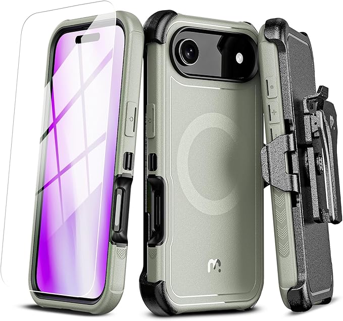 M MYBAT PRO for iPhone Air Case with Belt Clip Holster,[Compatible with Magsafe] w/Screen Protector,Anti-Drop,Shockproof,w 360°Rotating Kickstand,Heavy Duty Protection (Blue) (Natural Titanium)