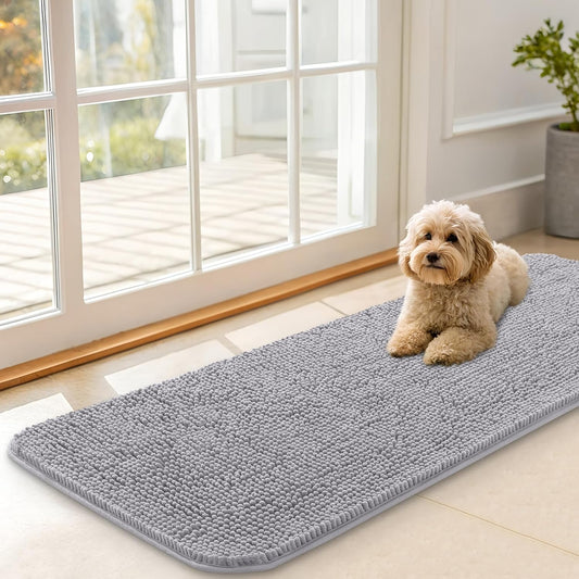 OLANLY Dog Door Mat - Absorbent Non-Slip Chenille Mat for Muddy Paws | 47x17 Inches, Light Grey