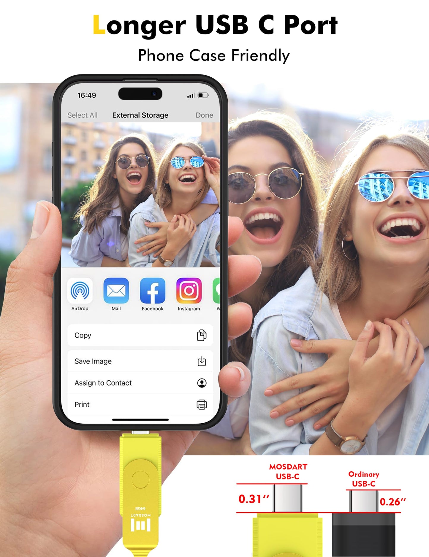 MOSDART 64GB USB C 3.2 Fast Speed C and A Dual Flash Drive, exFAT Memory Stick with Keychain and LED Indicator, for iPhone 15,16, 17, Android Phone, iPad, MacBook, and Other Laptops,Yellow