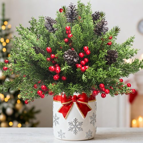 Grunyia Christmas Decorations - 68 Pcs Artificial Pine Greenery Picks with Pinecones & Berries for Holiday Decor