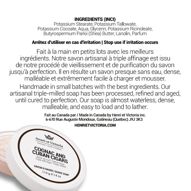 Henri et Victoria Shaving Soap For Men | Cognac and Cuban Cigars Fragrance | Smooth Shave, Lathers Up Nicely, Long-Lasting Scent | Triple Milled Soap, Canadian Made by Skilled Artisan 114 g (4 oz)