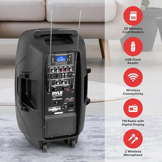 Pyle Portable Bluetooth PA Speaker System - 1000W Wireless Karaoke Loudspeaker with 12” Subwoofer, USB/SD/MP3/FM - Includes Dual UHF Mics, Remote, Rolling Wheels - Ideal for Parties, Events, Outdoors