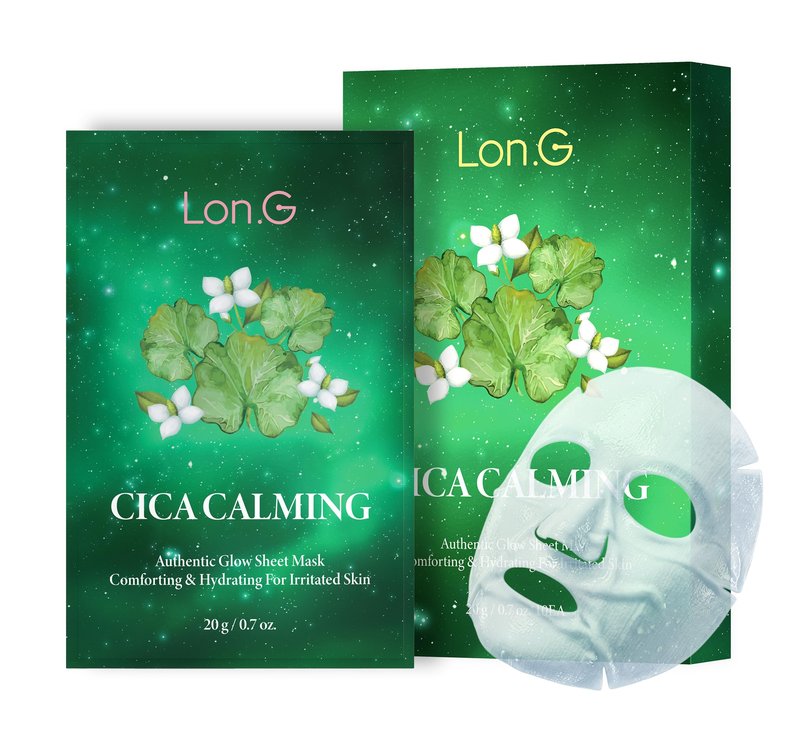 LON.G Cica Calming Authentic Glow Sheet Mask - Skin Soothing for Sensitive Blemish Troubled skin, Heartleaf, centella asiatica extract, hydration, skin barrier, Korean skincare, 10 sheets/0.7 oz