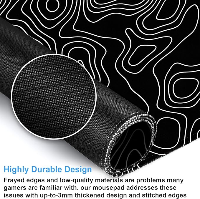 Black and White Topographic Desk Mat, Large Gaming Mouse Pad 31.5x15.7