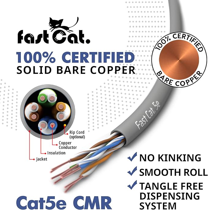 fast Cat. Cat5e Ethernet Cable 1000ft - ETL Listed 24 AWG, CMR, Insulated Bare Copper Wire Cat 5 ethernet Cable with FastReel - 350MHZ / Gigabit Speed UTP Cable Cat5e - CMR (Blue)