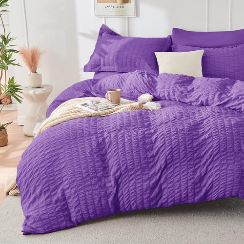 HYMOKEGE Comforter Set - Luxury 7-Piece Bedding Set in Bright Purple | All-Season Seersucker Design