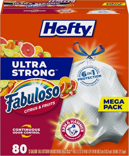 Hefty Ultra Strong 13 Gallon Trash Bags - Tall Kitchen Bags with Fabuloso Citrus Scent | 80 Count