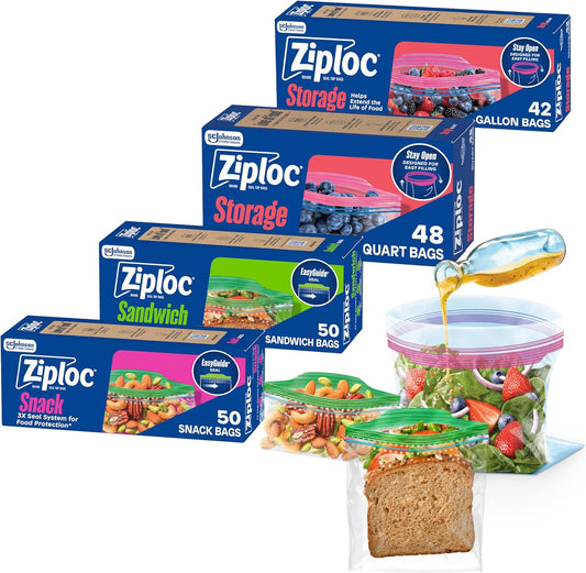 Ziploc Storage Bags Variety Pack - 190 Count | Includes Gallon, Quart, Sandwich & Snack Sizes