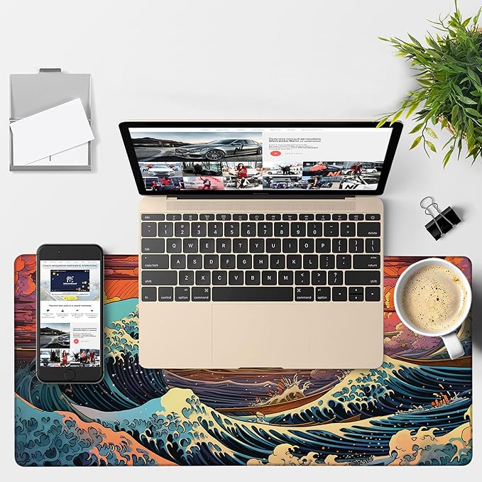 NITAHHHY Gaming Desk Pad Large Extra Length Japanese Blue Waves Mouse Pad Keyboard Laptop Non-Slip Waterproof with Rubber Base Thick Stitched Edge Mouse Mat for Office Home 35.4 x 15.7 Inches