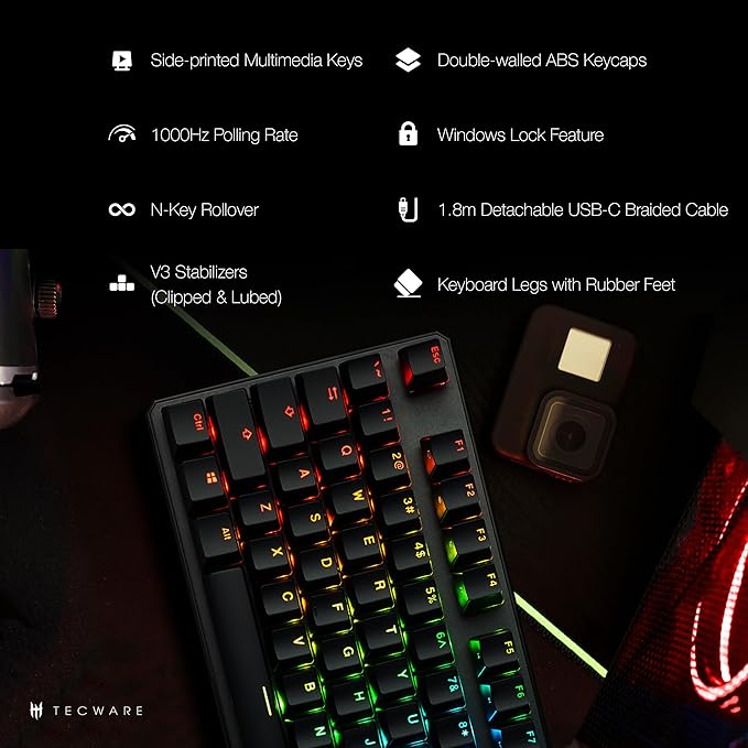 TECWARE Phantom+ 87 Mechanical Gaming Keyboard | RGB LED Backlit | Hot Swappable Wraith Brown Switches | 87 Key TKL Layout | Thocky Sound Profile | Detachable USB-C Wired | Black