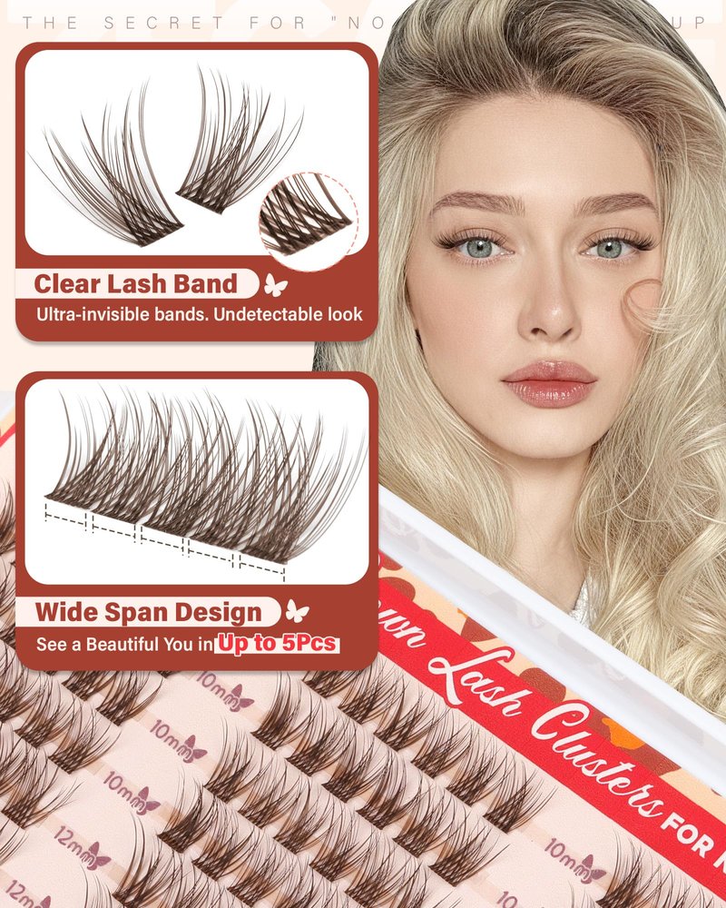Short Brown Lash Clusters 10-12-14MM Clear Band Wispy Eyelash Clusters Natural Cluster Eyelash Extensions D-Curly Short Lashes Clusters Brown Wispy Cluster Lashes Natural Look 144Pcs by Zegaine