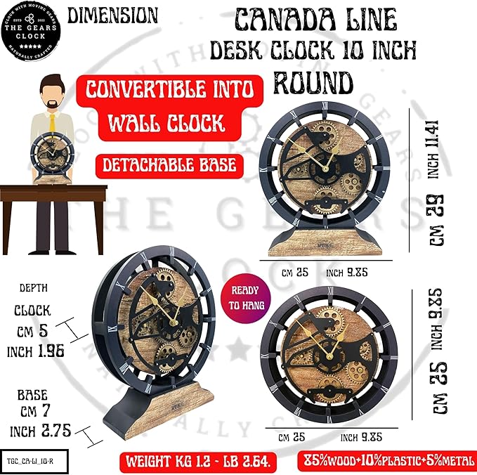 ImprovingLife The Gears Clock Desk Clock 10 inches with Real Moving Gears Convertible into Wall Clock (Red Lava)