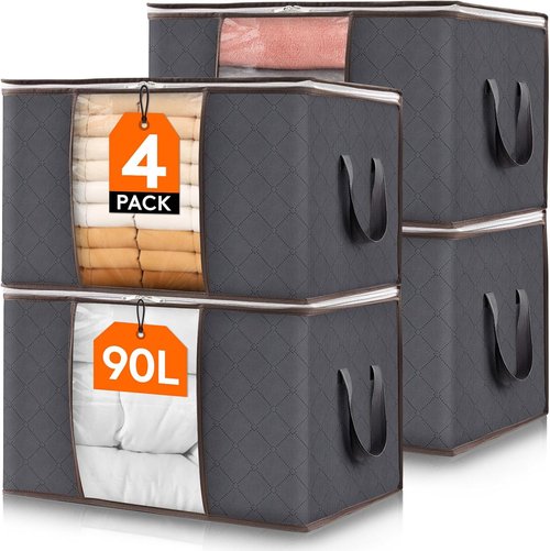 Lifewit 90L Clothes Storage Bins - 4 Pack Foldable Bags with Zippers & Clear Window for Easy Organization