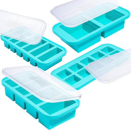 Souper Cubes Silicone Freezer Molds - Meal Prep Gift Set with 2 Tbsp, 1/2, 1 & 2 Cup Trays - Aqua