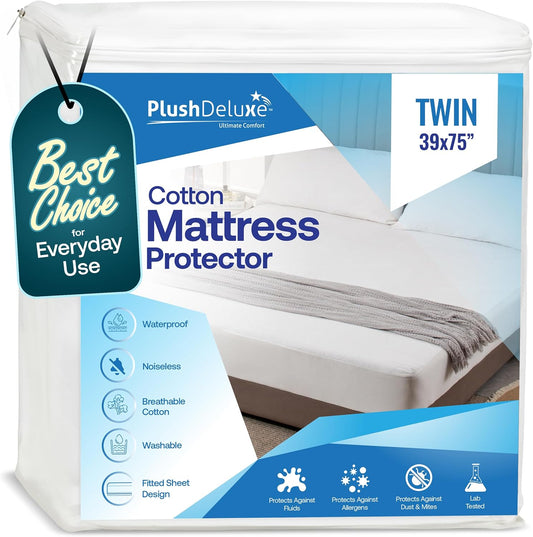 PlushDeluxe Twin Cotton Mattress Protector - Waterproof Fitted Sheet Design for Noiseless Sleep - Soft & Durable