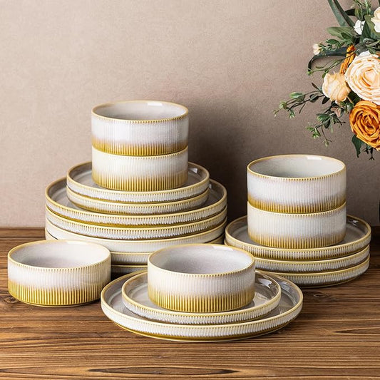 TheTerra Ceramic Dinnerware Sets for 6, 18 Pieces Porcelain Lightweight Plates and Bowls Sets, Scratch Resistant Dish Set, Oven & Microwave & Dishwasher Safe, Autumn Haze