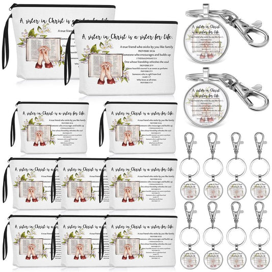 Dansydaisy 32 Pcs 8/16 Set Sister in Christ Gifts Secret Sister Gifts Makeup Bag Bible Verse Keychains for Friends Birthday Gift