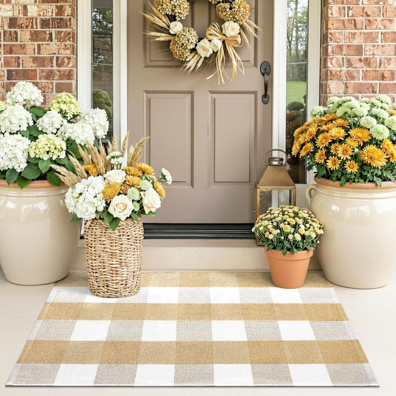 OLANLY Buffalo Plaid Rug 2' x 4'3" – Beige and White Cotton Checkered Doormat, Washable Indoor Outdoor Rug for Layered Front Porch, Kitchen, Entryway Decor