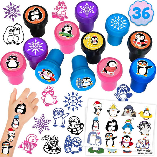 Penguin Party Favors - 36PCS Winter Animal Themed Tattoos & Stamps | Fun Birthday Goodie Bag Supplies for Kids