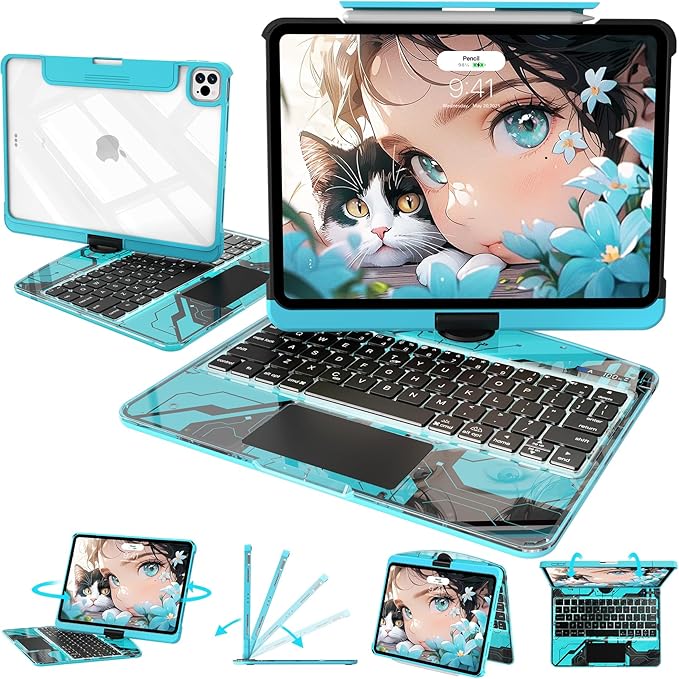 Intermerge Clear Keyboard Case for iPad Pro 11"(M5,2025/ M4,2024), 360° Swivel Multi-Touch Trackpad, 7-Color RGB Backlit, Pencil Holder, Type-C, Power Indicator, Aqua Pulse