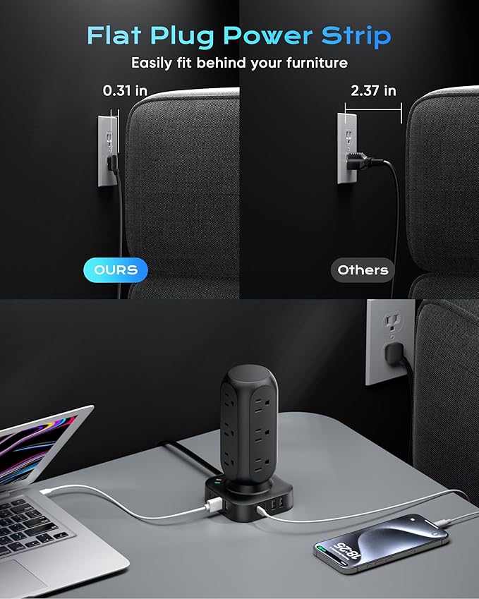 Flat Plug Power Strip Tower, TenTrend Dual PD 20W USB-C Charger Tower with 12 AC Outlets & 8 USB Ports (4 USB C), 40W Total Fast Charging Station, 10FT Extension Cord for Desk Office Dorm Room