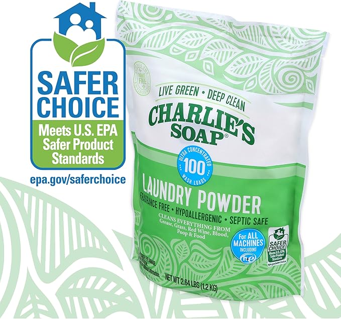 Charlieâs Soap Laundry Powder (100 Loads, 4 Pack) Deep Cleaning Washing Powder Detergent â Eco-Friendly, Safe, and Effective