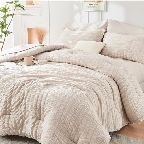 HYMOKEGE California King Comforter Set - 7-Piece All-Season Luxury Bedding in Beige