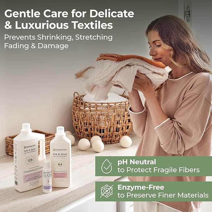 Heritage Park Silk & Wool Fragrance Free, Hypoallergenic, pH-Neutral Laundry Detergent - Dermatologist-tested, Sensitive Skin-Friendly, Enzyme-Free, Concentrated Up to 128 loads (64 fl oz)