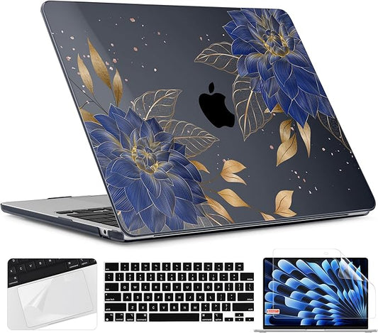 TWOLSKOO Compatible with M4 MacBook Air 15 inch Case 2025-2023 Released Model M4 A3241 M3 A3114 M2 A2941, Plastic Hard Shell & Screen Protector & Keyboard Cover & Trackpad Film, Dahlia Flowers