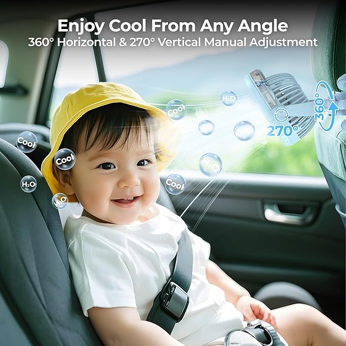 2025 Upgarded 4000mAh Misting Baby Stroller Fan, Rechargeable Battery Operated,Max 15Hrs Cooling,50ml Portable Water Sprayer Misting Fan with Flexible Tripod Clip on Car Seat Crib Treadmill Bunk Bed