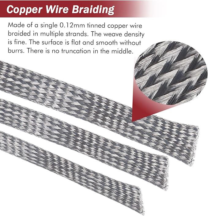 BuyUneed Tinned Copper Metal Braid Sleeving Wire Shielding Sleeve Braided Copper Ground Straps EMI/RFI Interference Expandable Flat Mesh Shielding Cable for Protect Wire (5/16inch-22ft)