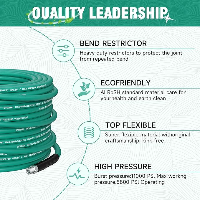 150FT Sewer Jetter Kit for Pressure Washer,1/4ââNPT Drain Cleaner Hose 5800PSI, with Adapter Corner Rotating Button Nose Sewer Jetting Nozzles Kit Pearl Corsage Pin Spanner Waterproof Tape