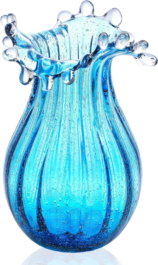 Skiennix 8-Inch Blown Glass Bubble Vase - Modern Art Flower Decor for Home & Office - Blue