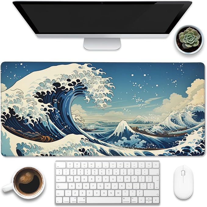 Eflxamz Desk Mat,Blue Japanese Sea Wave Desk Pad,Japanese Sea Wave Large Gaming Mouse Pad for Desk,Extended Big Computer Keyboard Mouse Pad with Non-Slip Base and Stitched Edge,35.4"x15.7"