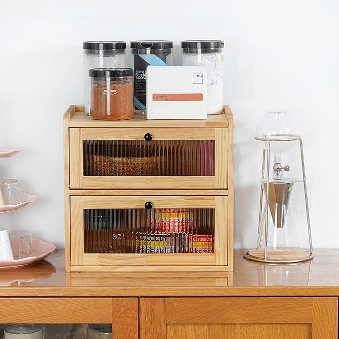 Sunhoo Bread Box for Kitchen Countertop Wooden Bread Storage Container Bin 2 Layer Breadbox Holder Large Capacity Keeper Vintage Farmhouse Food Organizer Pantry Shelf Acrylic Windowï¼Wood colorï¼