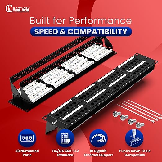 NewYork Cables 48 Port Cat6 Patch Panel, 10Gb Ethernet, 2U 19-Inch Rack or Wall Mount, UTP Network Patch Panel, Heavy-Duty Steel, Color-Coded T568A/B, 110/Krone Compatible, Black