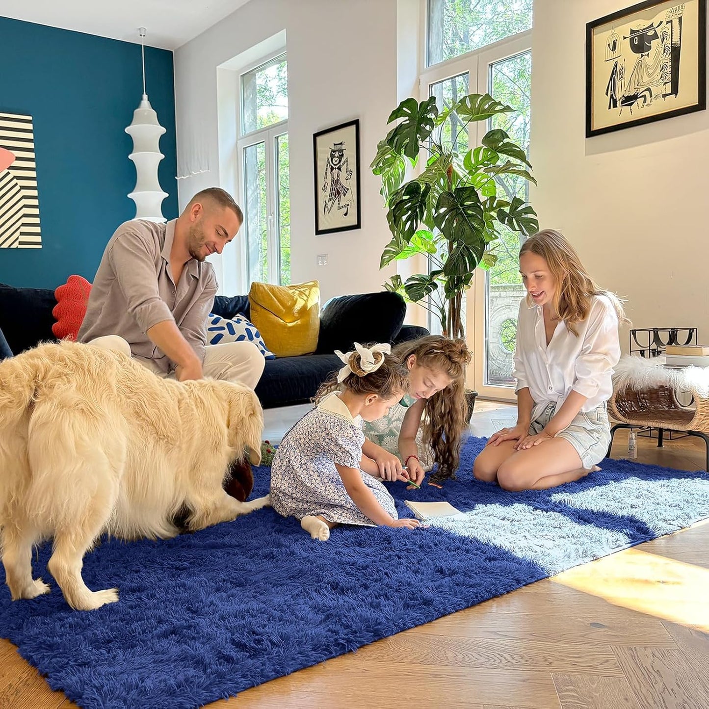 OLANLY Large Area Rug - Soft Fluffy Shaggy Carpet for Living Room & Bedroom | Navy Blue, Machine Washable