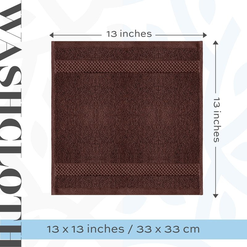 White Classic Luxury Cotton Washcloths 13x13 Inch - 650 GSM Turkish Cotton | Hotel, Spa, Bathroom Face Towel | 12 Pack, Brown