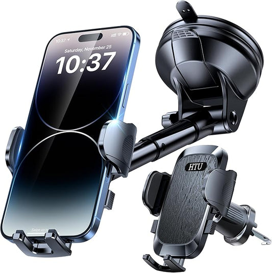 HTU Car Phone Holder【2026 Upgraded 100+LBS Suction & Safety Cert】 Cell Phone Car Mount for Truck Heavy Duty Phone Holder for Dashboard/Windshield/Vent for iPhone 17 16 Pro Max, Jet Black