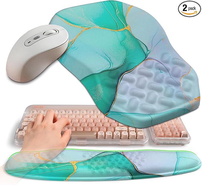 Gleamtide 2-in-1 Ergonomic Set, Wave Keyboard Wrist Rest and Massage Slope Mouse Pad Wrist Support, Rebound Memory Foam for Relieve Carpal Tunnel Syndrome and Wrist Pain (Green Gold Marble)
