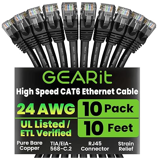 GEARit Cat 6 Ethernet Patch Cable 10 ft Black (10 Pack) Cat6 Patch Cables 10ft Black/Ethernet Patch Cable, 10Gbps 550MHz 24AWG Pure Copper, Snagless, Gold Plated RJ45 for Router, Server, Router, PC