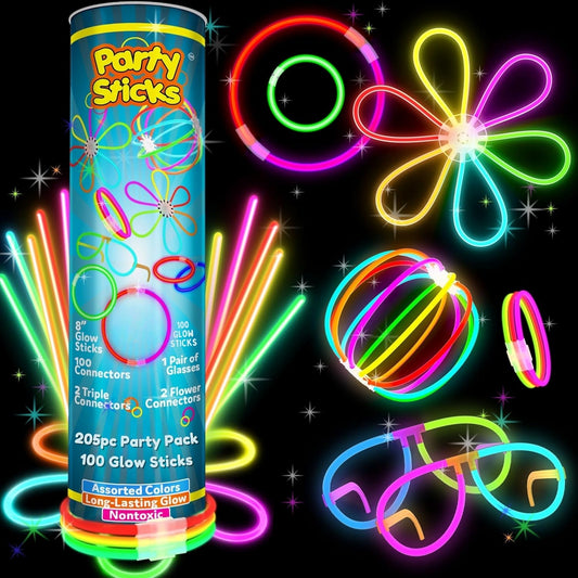 PartySticks Ultra Bright Glow Sticks - Glow in The Dark Party Supplies with Glasses, Bracelets & Connectors | Perfect for Halloween & 4th of July